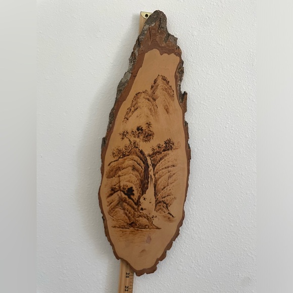 Vintage Pyrography Wood Burning Oval Wall Plaque of Mountain and Waterfall 21”H - Picture 2 of 3